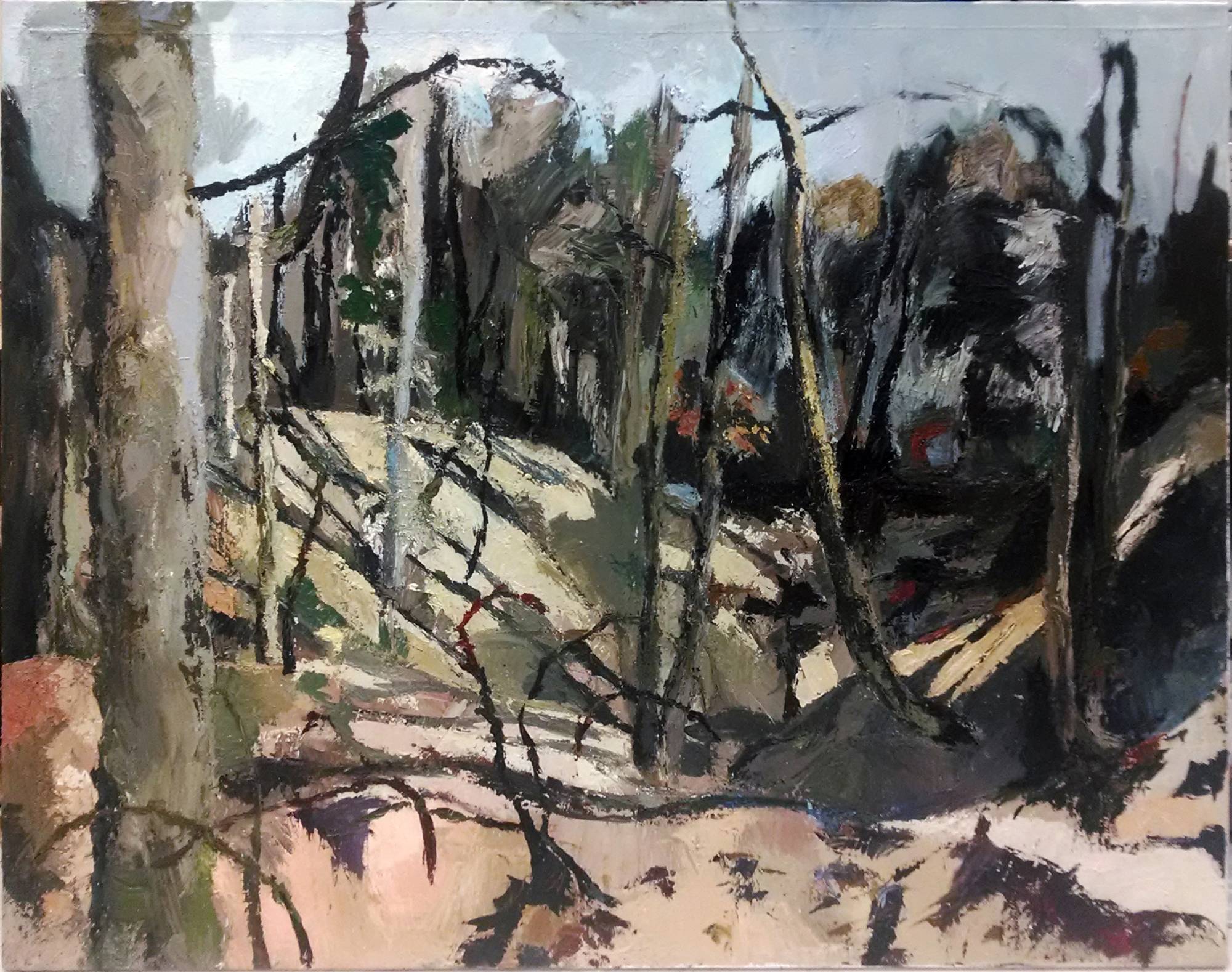 Painting of dark brown and grey abstract trees.